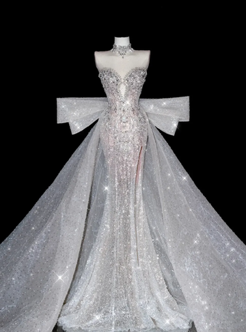 Stunning Mermaid Strapless Rhinestone Sequin Tulle Long Prom Dress Party Dress with Slit HZ1023